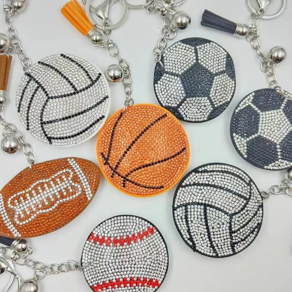 Rhinestone Sports Ball Keychain - Unisex Mini Bag Charm with Soft Fabric Tassel, Anti-Rust Alloy Lobster Clasp for Sports Lovers, School Backpacks, Gym Training; Volleyball, Football, Baseball Designs Fit Tote Bags, Anti-Rust Clasp
