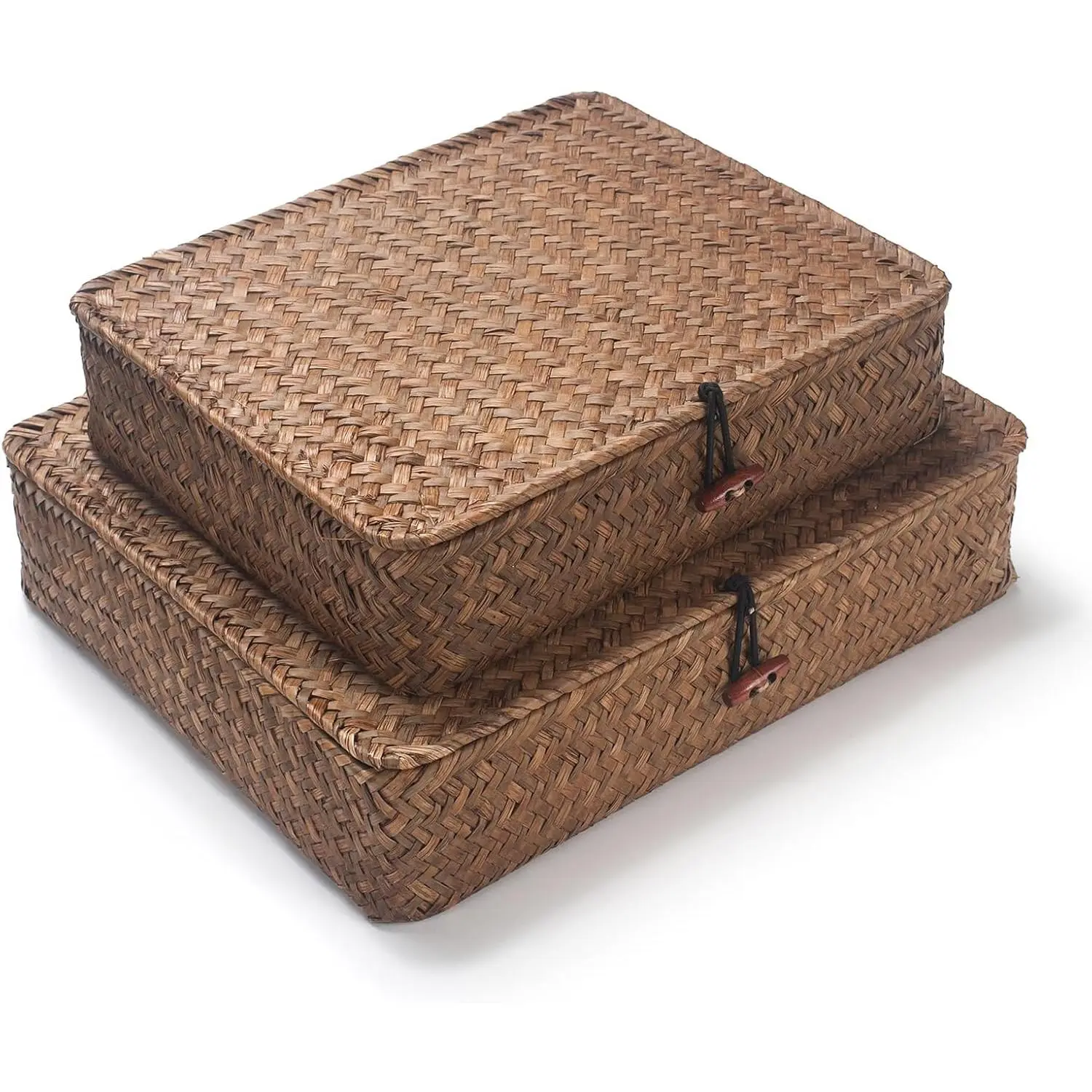 Seagrass Storage Baskets with Lids, Flat Wicker Basket, Shallow Woven Basket for Shelf, Decorative Storage Boxes for Organizing (Coffee)