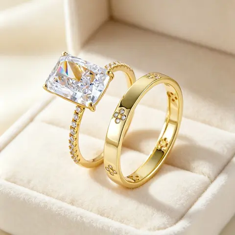 2-Piece Gold Bridal Ring Set, Emerald-Cut Solitaire Pave Shank Engagement Ring + Clover Detail Wedding Band, Timeless Stackable Set for Wedding Anniversary Valentine Gift