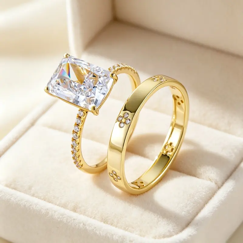 2-Piece Gold Bridal Ring Set, Emerald-Cut Solitaire Pave Shank Engagement Ring + Clover Detail Wedding Band, Timeless Stackable Set for Wedding Anniversary Valentine Gift