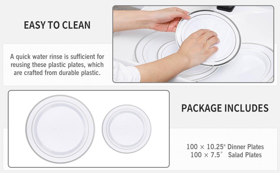 GOODLUCK 200PCS Silver Plastic Plates Heavy Duty Disposable 100 Dinner 10.25 inch & 100 Dessert 7.5 inch BPA-Free Party Holiday Wedding Christmas Plates