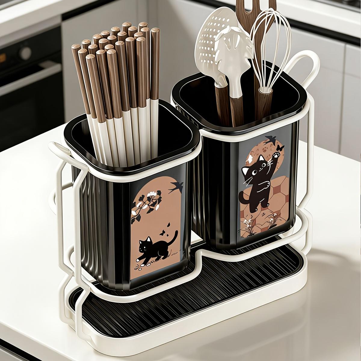 Carbon Steel Kitchen Utensil Rack with Cutters Holder, 2 Cute Cat Storage Boxes, Wall-Mounted and Countertop Storage, Detachable Tray, Durable Design