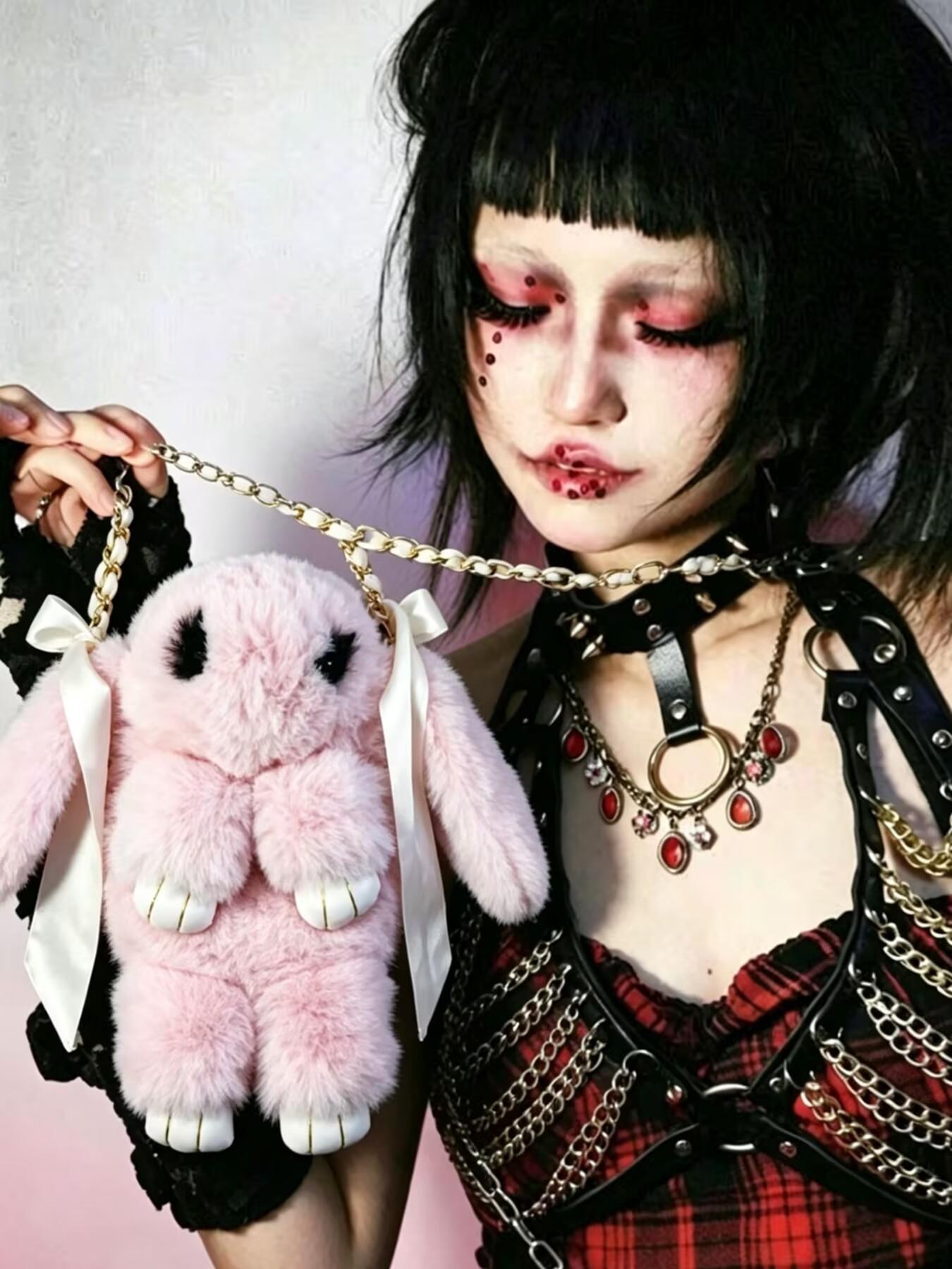 Original Handmade Rope Chain Ears Rabbit Plush Crossbody Bag, Cute Animal Pattern, All Seasons, Single Shoulder Bag, Rhombus Chain Design