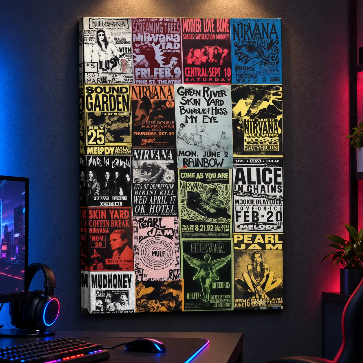 Nirvana Alice In Chains Grunge Flyers Poster, Seattle Scene Canvas Wall Art, 90s Rock Art Print, HD Print, Framed Canvas Decor, Bedroom Wall Decor, Music Room Decor, Fan Gift