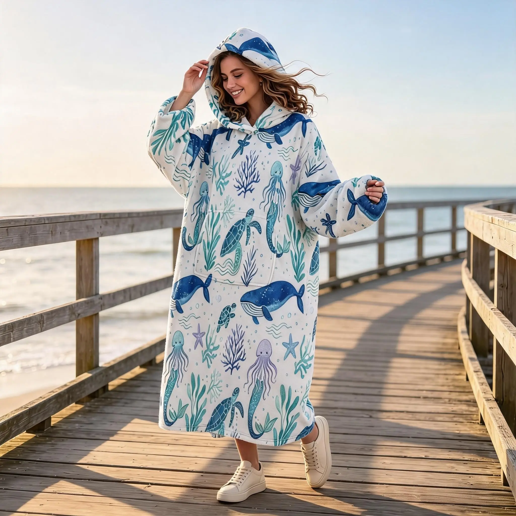 1pc Wearable Blanket with Whale Turtle Print, Dreamy Ocean Style, Large Pocket, Home Lazy Blanket, Gift for Friends, Birthday, Festival