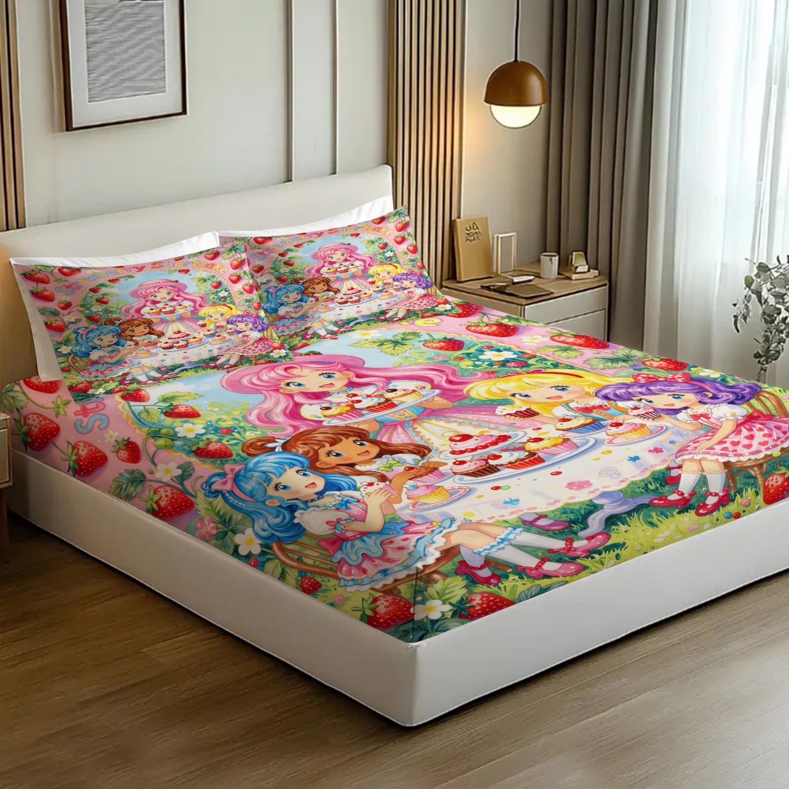 Strawberry Sweetheart Fitted Sheet Set and 2 Pillowcases No Core, Bright Colors, Watercolor Style Characters Collection, Soft Anti-Slip Wrinkle-Resistant, Fairy-Tale Girls Room, Kids Room Decor, Gift Idea