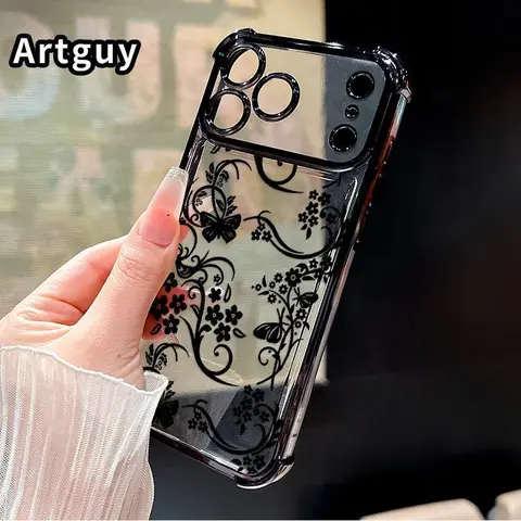 Transparent Electroplated Silicone Smartphone Case for iPhone 18,17,16,15,14,13,12,11 Pro Max Plus Air E - 4-Corner Anti-Fall, Shockproof, Abrasion-Resistant, Flower Pattern, Non-Slip Full Coverage Handheld Devices Accessory
