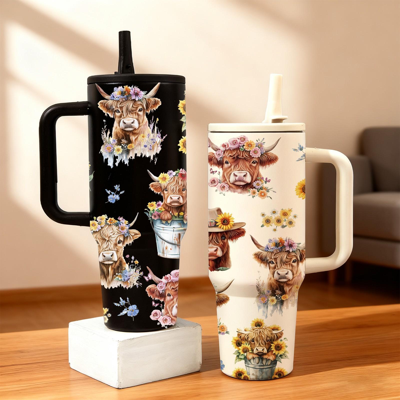AuraCup 1pc 40oz Insulated Tumbler with Handle and Lid, Highland Cow Floral Farm Style Stainless Steel Travel Cup, Cute Cowgirl Sunflower Design Coffee Water Mug, Double Wall Vacuum Tumbler for Hot Cold Drinks, Perfect Gift for Farm Lovers, Country Wester