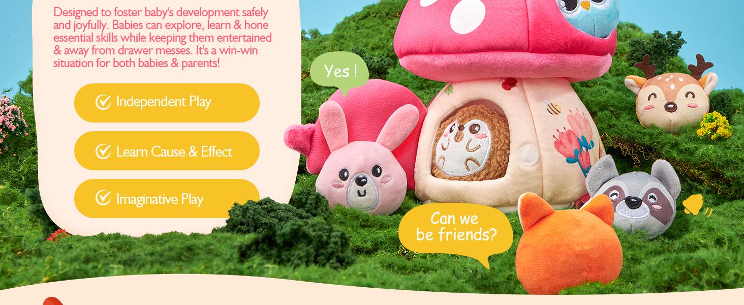 hahaland Easter Basket Stuffers My First Mushroom House with Stuffed Jungle Animals, Rattle, Crinkle Paper, Mirror - Sensory Montessori Developmental Toys for Toddlers 1 Year Old Girl Gifts Stuffers Playpen Newborn Cute Baby Toy 6-12 Months