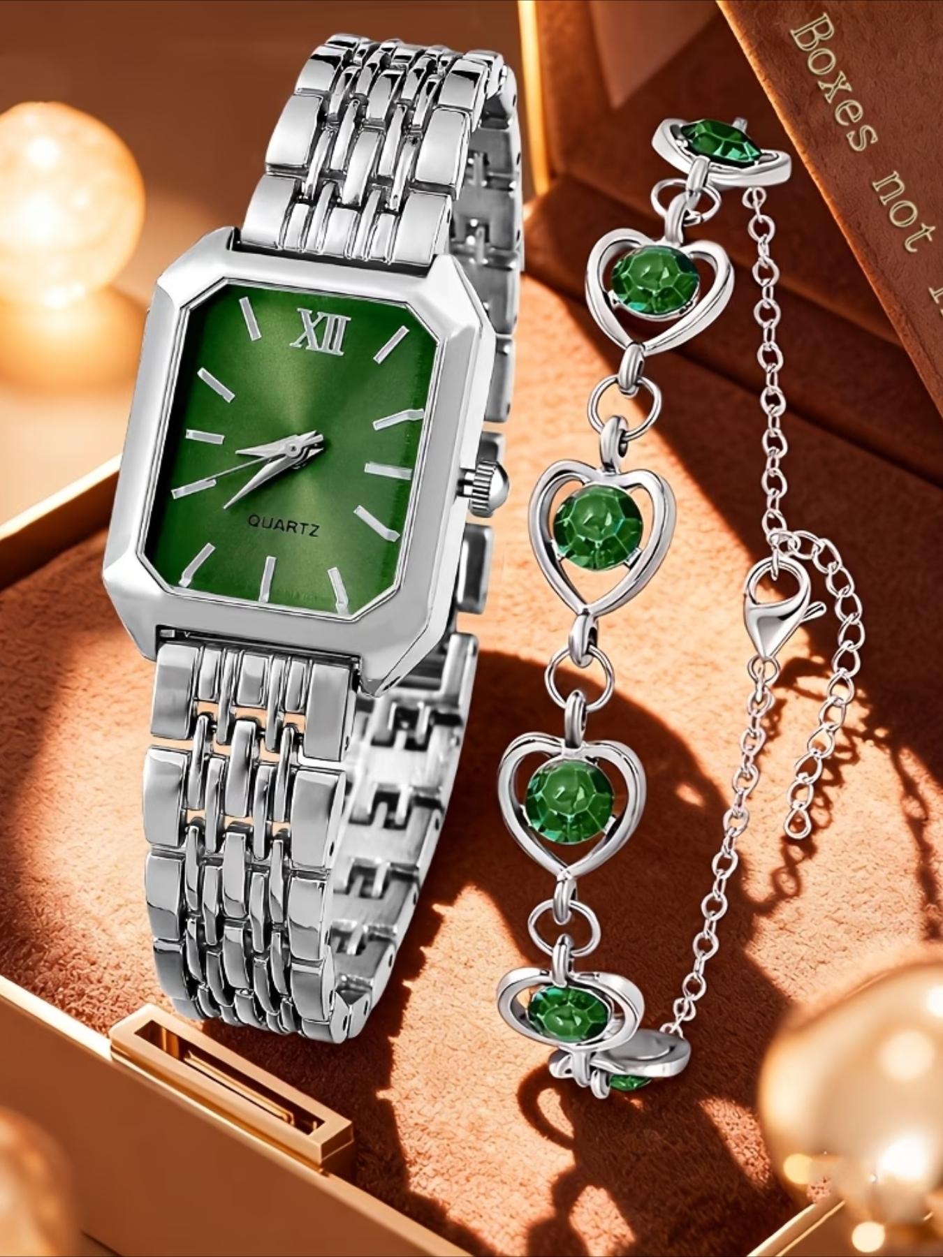 2-piece elegant ladies' watch gift set, fashionable, romantic, luxurious heart bracelet jewelry paired with palace style quartz watch, classic retro rectangular dial, comfortable alloy strap, perfect gift for family and friends