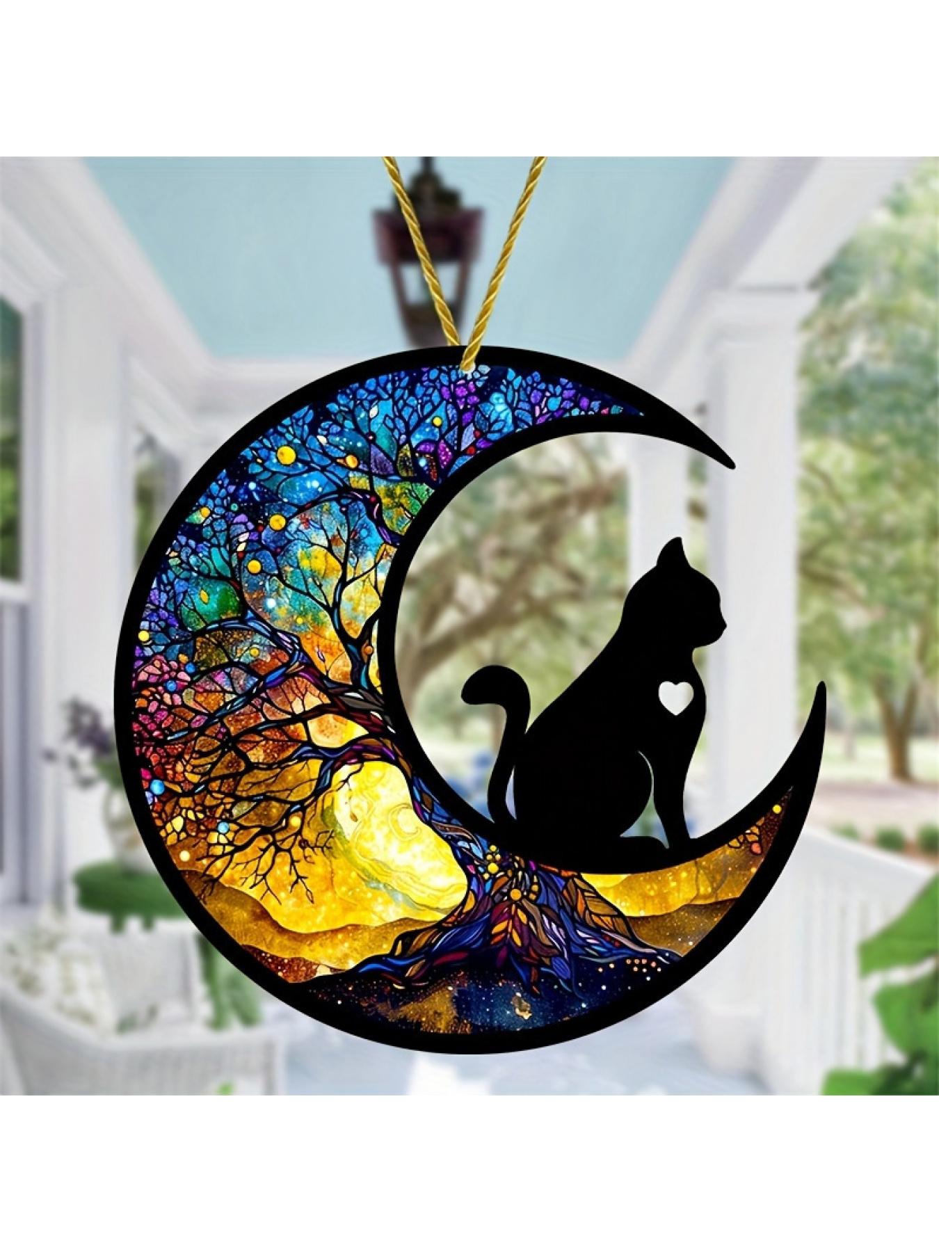 2D Flat Enchanted Cat Moon Phase Acrylic Suncatcher Painted Stained Glass Style Window Ornament Home Garden Decoration Ideal Gift for Mom and Friends
