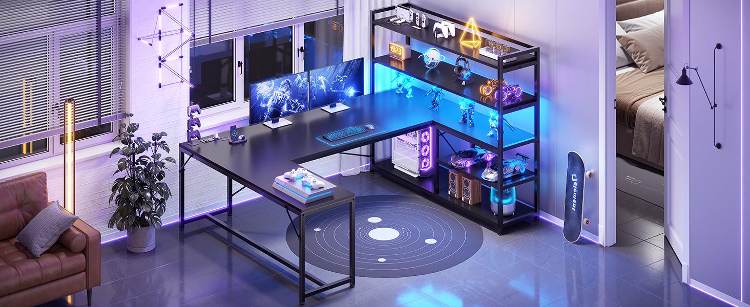 SEDETA 63 Inch Reversible Office Computer Desk L Shaped Gaming Desk with LED Lights Power Outlet 5-tier Storage Shelves Organizer Modern