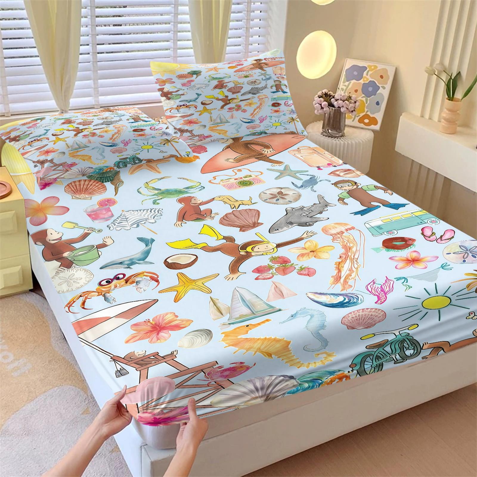 3 Piece Curious George Fitted Sheet Set, 1 Fitted Sheet + 2 Pillowcases, Cute Cartoon Monkey Biking Summer Adventure Bedding, Kids Bedroom Decor for Boys Girls Teens, Ideal Gift for Curious George Fans