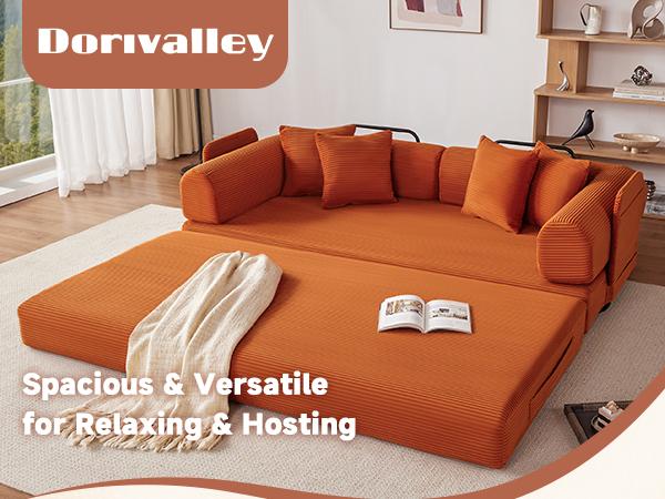 【1/2 Packages】79-118" Convertible Sleeper Sofa Bed with 4 Pillows, 5-in-1 Corduroy Futon Couch for Small Spaces,Floor Modular Sofa with Fixed-Shape Frame,For Guest Bed & Kids Play Area with Washable Cover,teddy sofa for Adults,No-Assembly