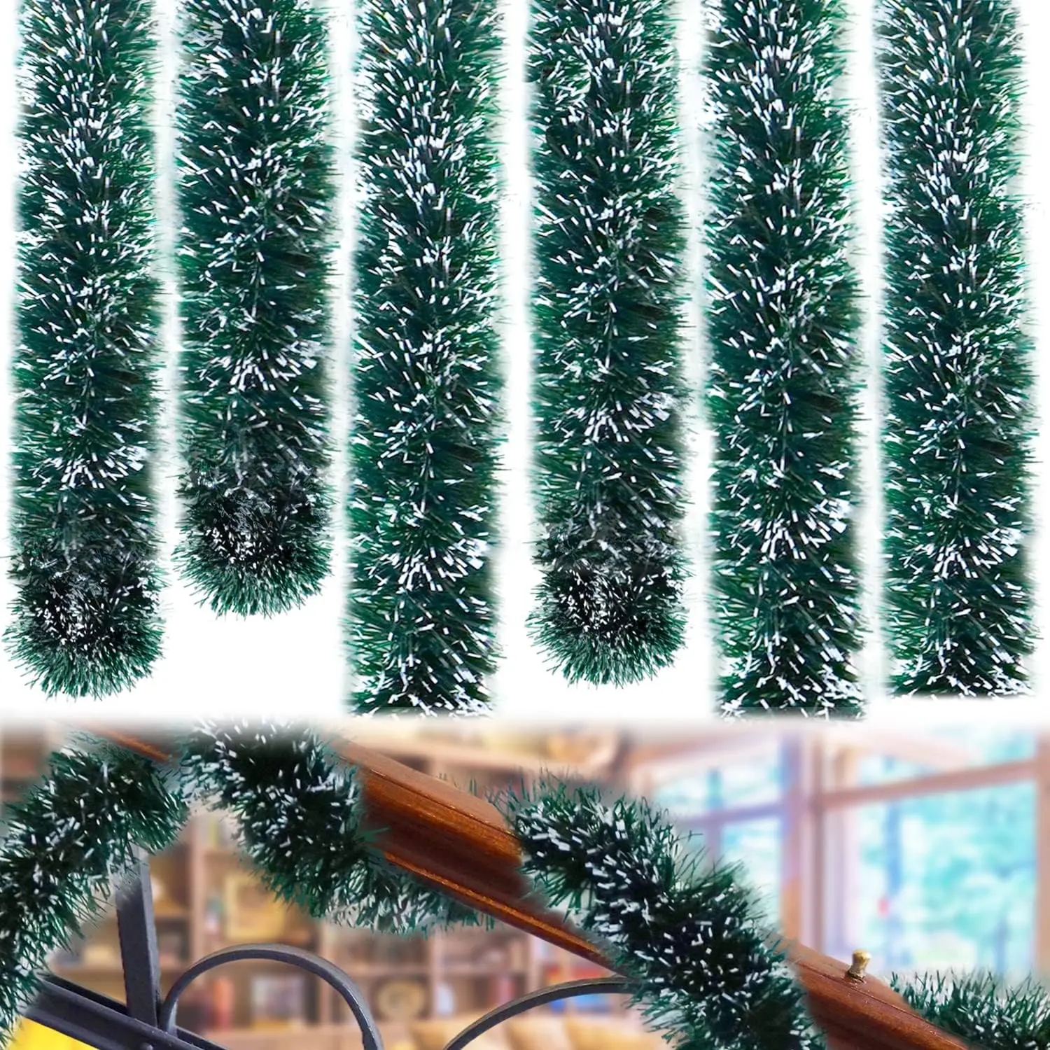 50  Garland for Christmas Decorations,Green Snowy Garland,Artificial Christmas Pine Streamers for Party  Ceiling Decorations