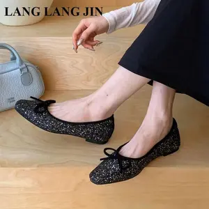 Women Bling Flats Shoes Casual Ballerina Shoes 2026 Spring New Square Toe Bow Knot Female Dress Shoes Brand Ballerina Soft Mujer