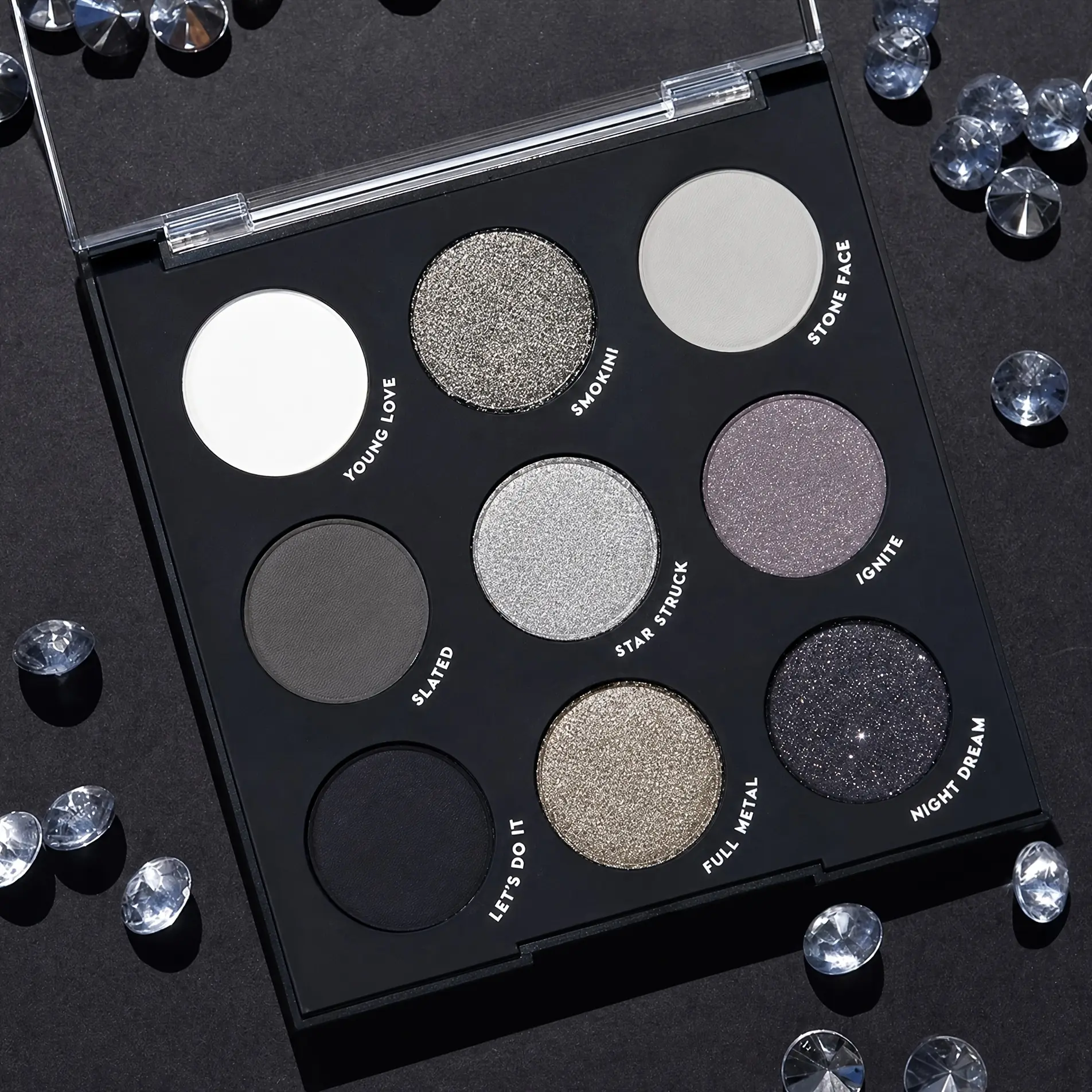 9‑Shade Cool‑Tone Silver Grey Smoky Eyeshadow Palette,Matte Metallic Shimmer Glitter Combination,Dark Punk Grey‑Black Color Scheme,Waterproof Long‑Lasting No Smudge,Eyeshadow for Stage Party Halloween Creative Makeup