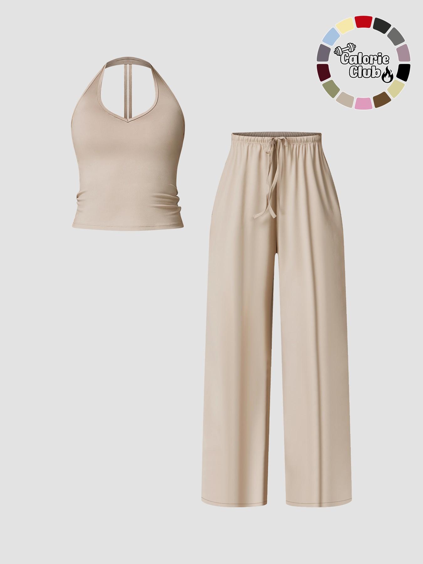 Women's Quick-Dry Sports Tank Top, Casual High-Waisted Bell Bottoms, Comfortable Sporty, All-Season Plain Style, Casual Sportswear Set, Casual Sportswear Outfit