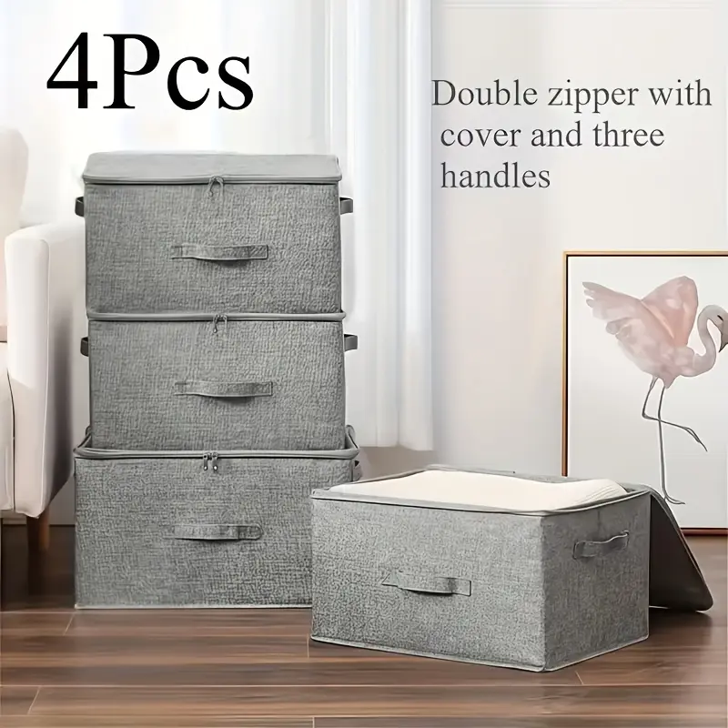 Oversized Foldable Storage Bins 4-Pack, Dustproof Stackable Multi-Purpose Organizers with Dual Zippers & 3-Sided Handles, Portable Under Bed & Closet Storage for Bedroom, Kitchen & Study, Durable Modern Minimalist Design