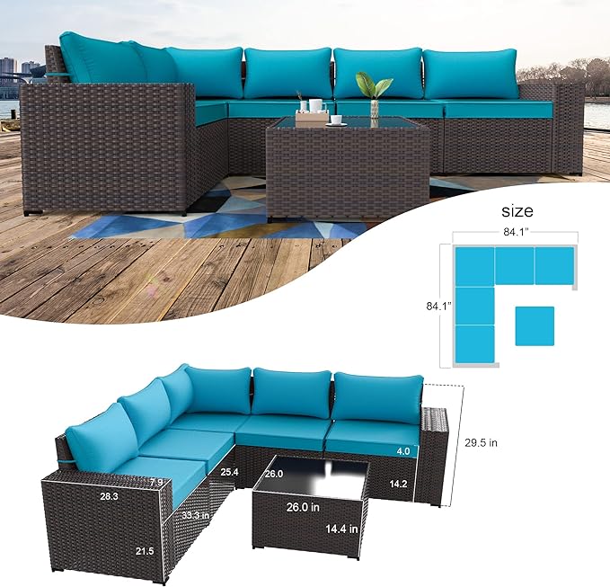 [3 packages delivery] Kullavik Patio Furniture 6 Pieces Outdoor Sectional PE Rattan Sofa Set Brown Manual Wicker Patio Conversation Set with 5 Seat Cushions and 1 Tempered Glass Tea Table