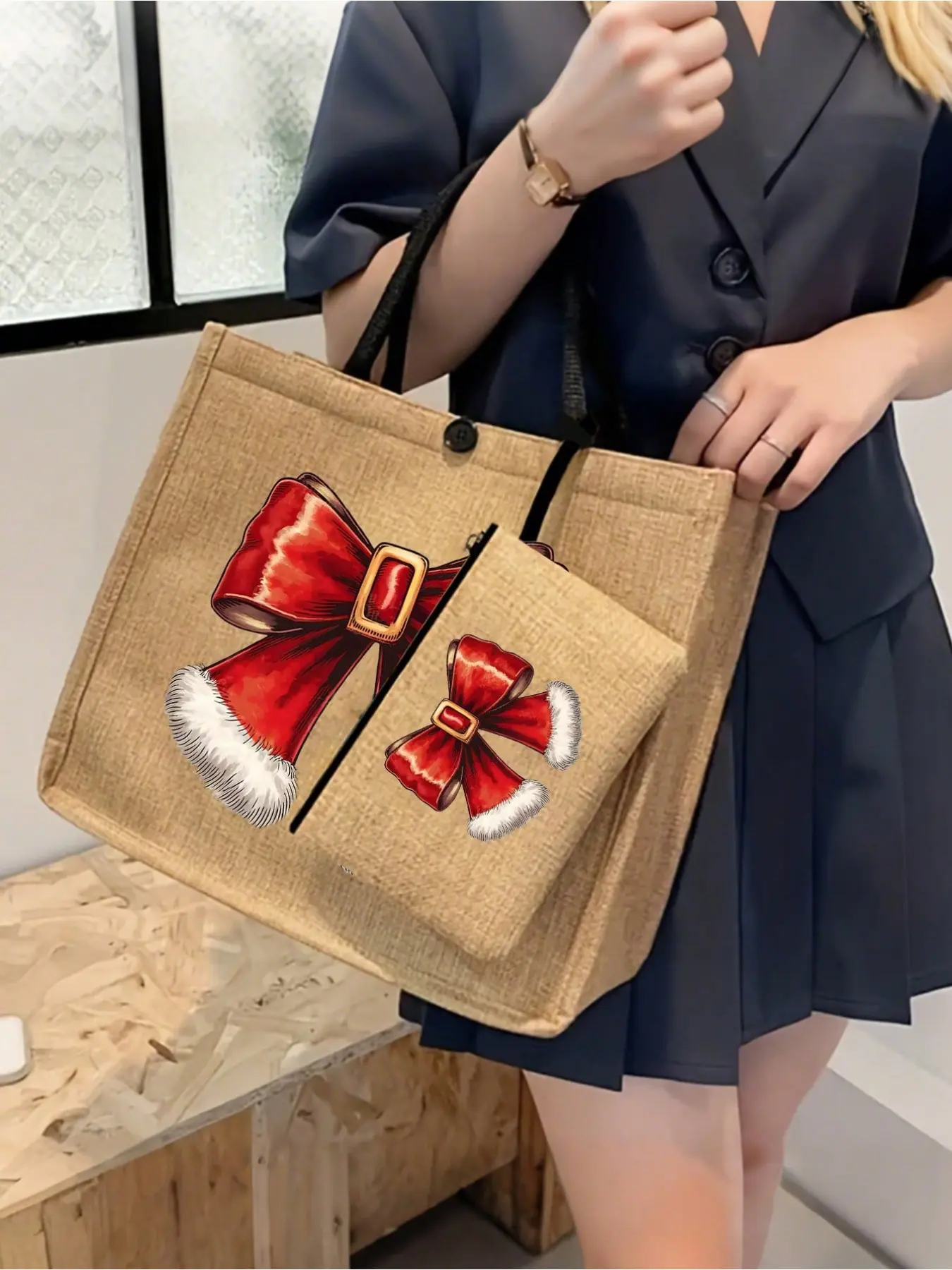 Yellow Linen Handbag with Christmas Bow Print, Christmas Gift, Handbag and Coin Purse Set, Large Capacity Shoulder Bag for Mom and Grandma, Shopping Bag, Suitable for Daily Commute, Travel and Shopping, Ideal for Birthday, Thanksgiving and Christmas Gifts