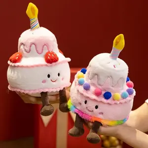 Cartoon Anime Kawaii Pink Rainbow Strawberry Cotton Candy Cake Plush Toy Cute Happy Birthday Cake Dolls Children's Handmade Gift