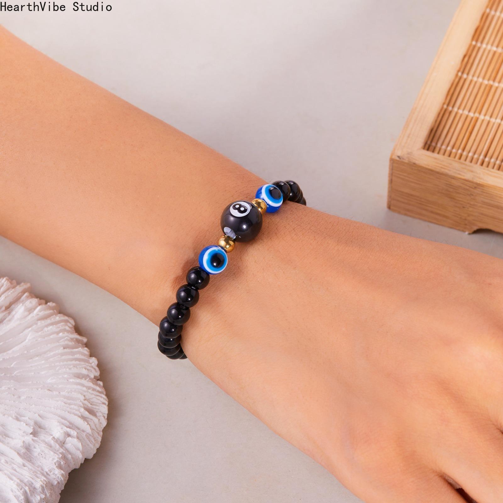 8mm Evil Eye Hematite Beaded Bracelet for Men Women | Unisex StretchEnergy Protection Bracelet, Hypoallergenic Anxiety Relief Grounding Stone Jewelry