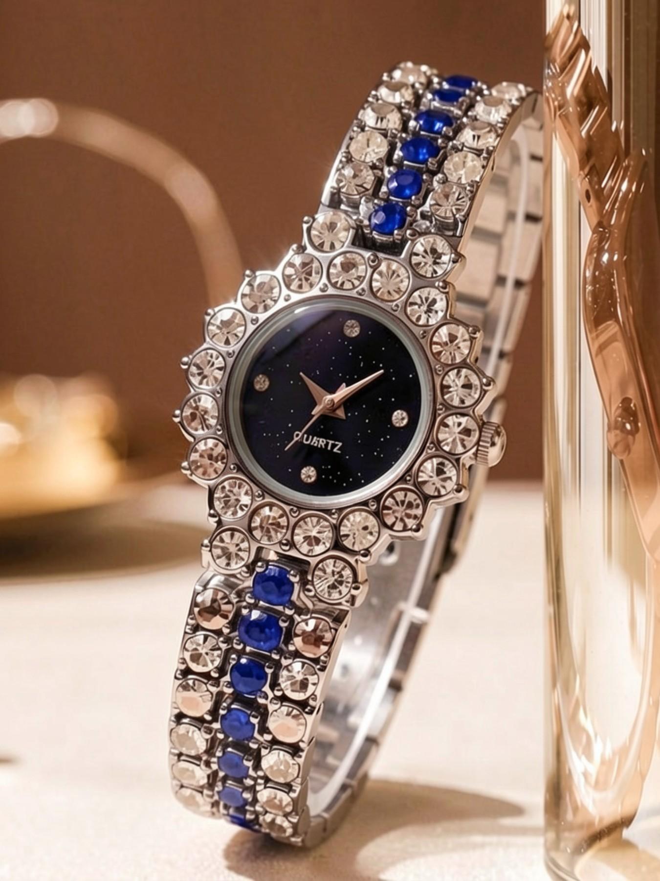 Mother's Day Gift Set, Full Diamond Blue Sapphire Women's Watch, Lip Liner, Foundation, Powder Compact, Silver Color Case, Casual Style