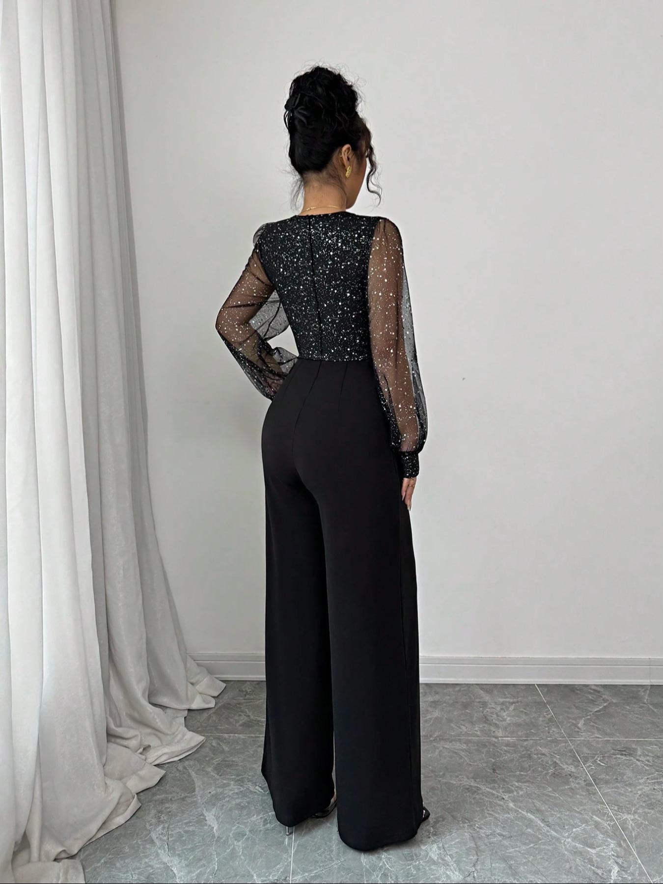 Women's Fashion Evening Sexy Elegance Mesh Sequin Patchwork Deep V Neck Long Sleeve Fitted High Waist Jumpsuit, Spring Summer Fall Wide Leg One-Piece Pants