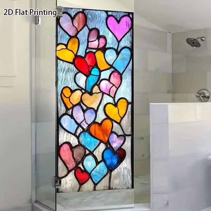 Vibrant Colored Glass Heart Window Sticker, Static Adhesive Frosted Privacy Film, Easy Install Removable PVC Decor, Ideal for Bathroom, Office, Windows