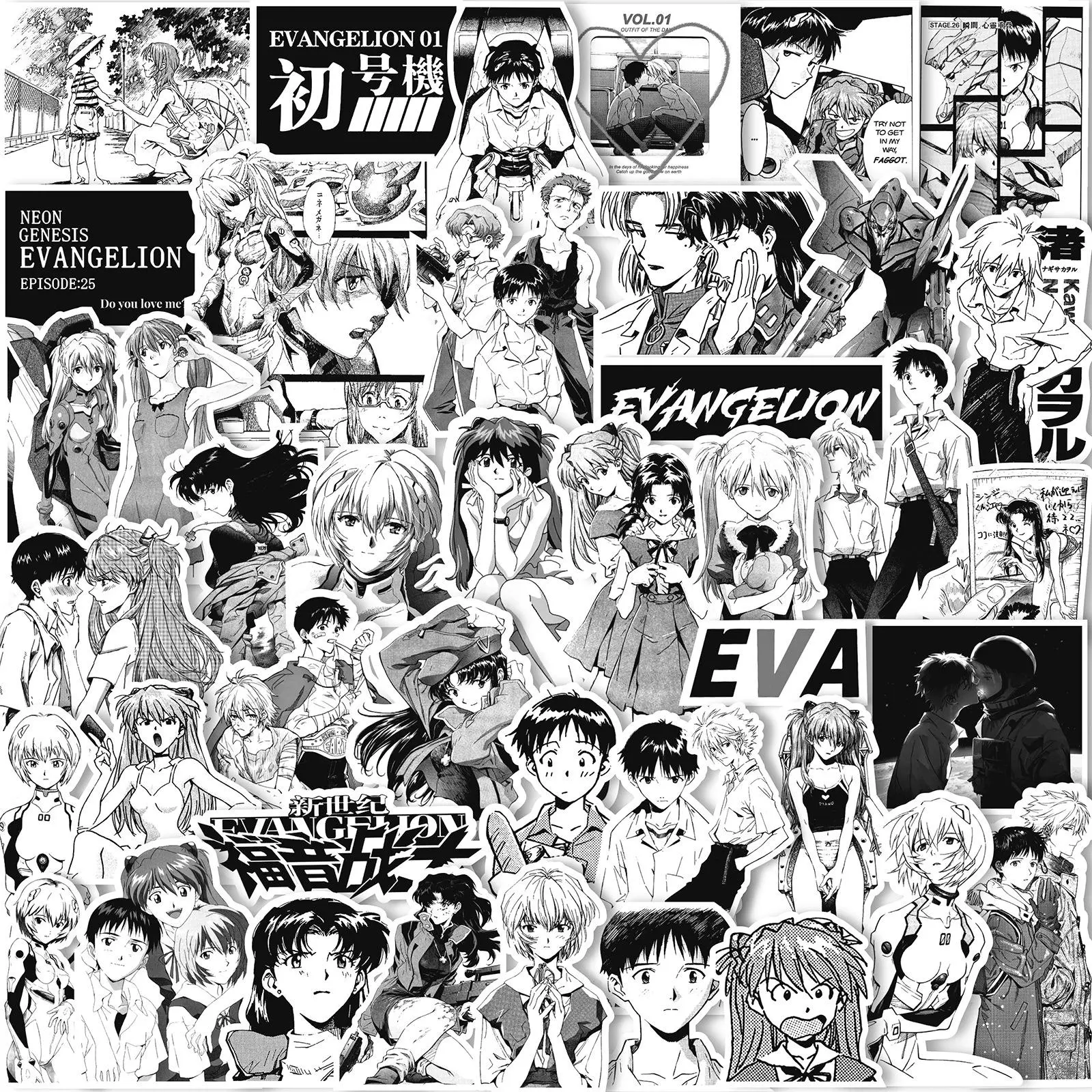 70/75/145PCS Black and White Sketch Neon Genesis Evangelion Stickers Classic Anime Decals for Notebook Skateboard Bike Sticker
