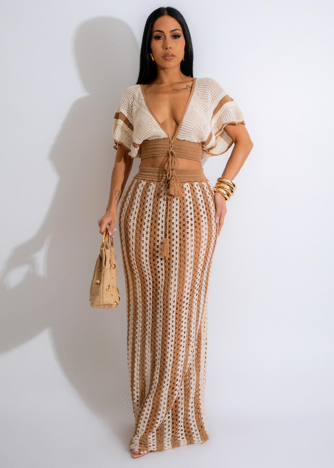Skirt Sets Women 2 Piece Outfits Crochet Crop Tops and Striped Maxi Skirt Vacation Outfit Hawaiian outfit Featuring an openwork knit texture design Suitable for vacations, beaches, and cruises Valentine's Day