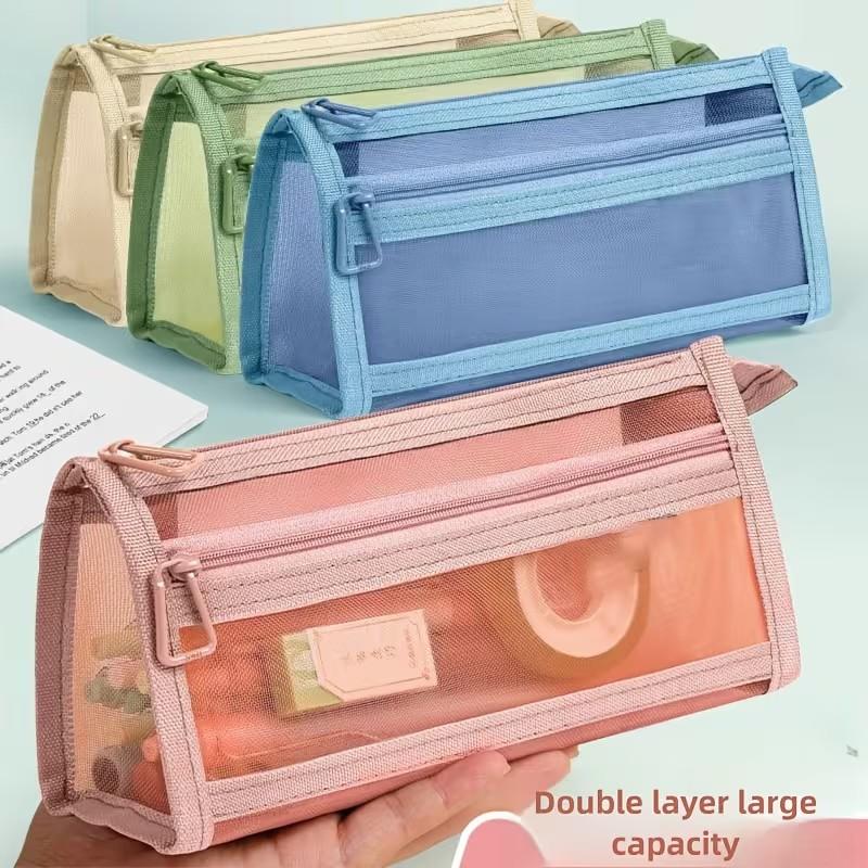 Transparent Mesh Dual-Layer Pencil Case, Kids' Unisex New Design, Large Capacity, High Aesthetic, Simple Subject Stationery Bag, Desk Supplies