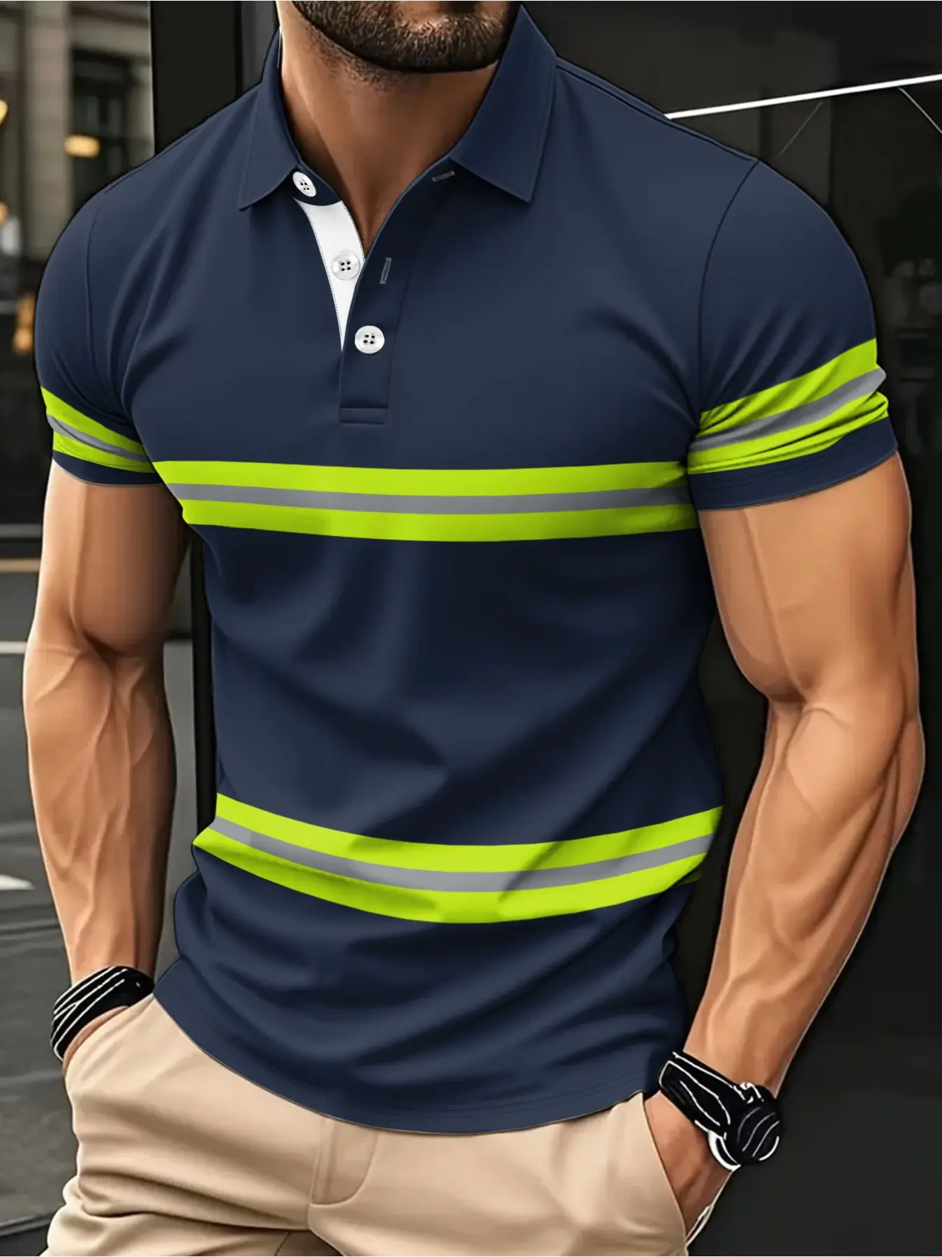 3D digital printing, men's classic collared work shirt with stripes, comfortable and breathable, casual and comfortable short-sleeved POLO T-shirt suitable for all seasons, for both business and home use.