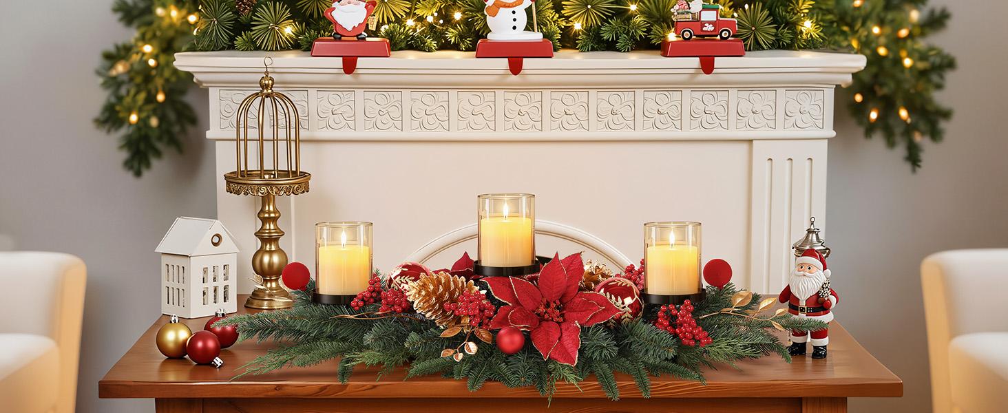 36 Inch Christmas Table Centerpiece with 3 Candle Holders, Baubles, Pine Cones, Red Berries & Spruce Branches – Indoor Holiday Decor