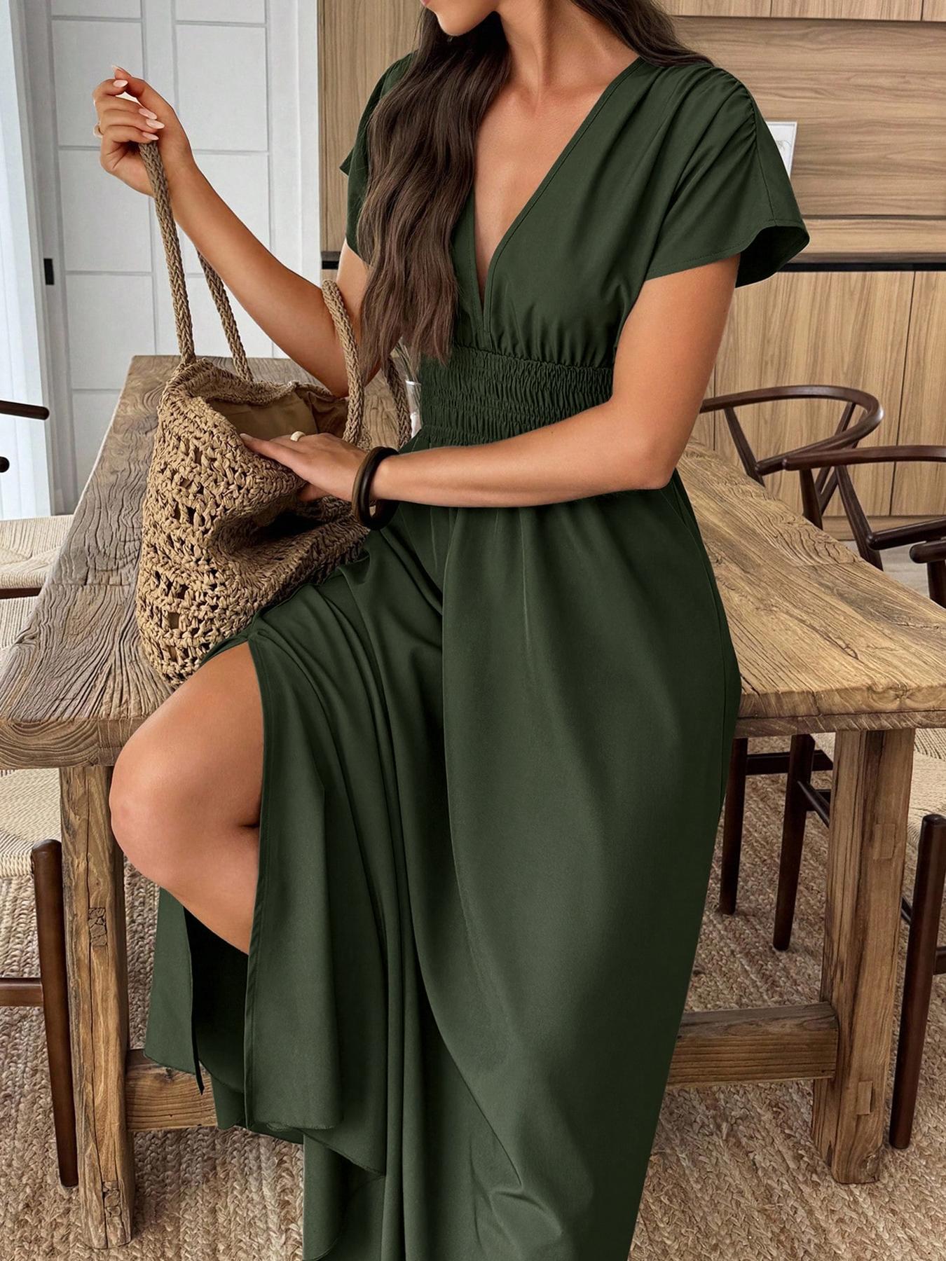 1 Piece Women's Summer Army Green V Neck Split Maxi Dress, Flowy High Waist Vacation Party Outfit