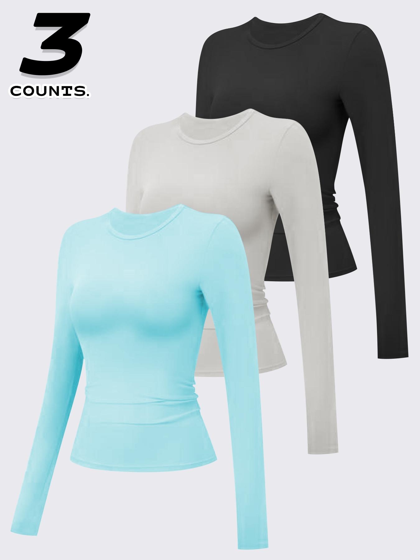 3 pcs Women's Compression Training Long Sleeve Shirts, Fitted Round Neck Yoga Tops, Moisture-Wicking Sportswear for All Seasons, Compression Activewear