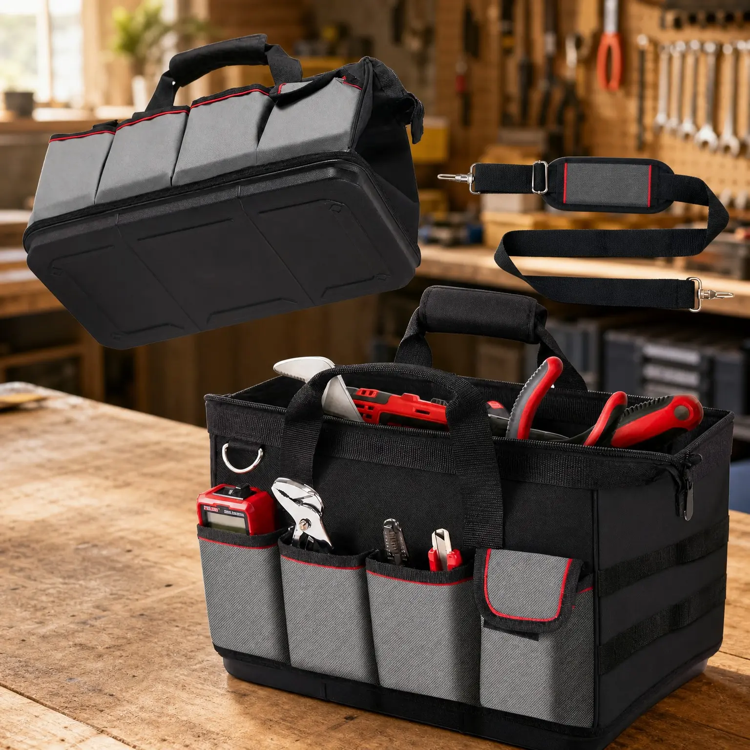 16.5 Inch Waterproof Heavy Duty Tool Bag with Hard Sturdy Bottom, Large Zipper & Handle - Organizer for Mechanics, Electricians, Handyman, HVAC - Great Gift for DadGift