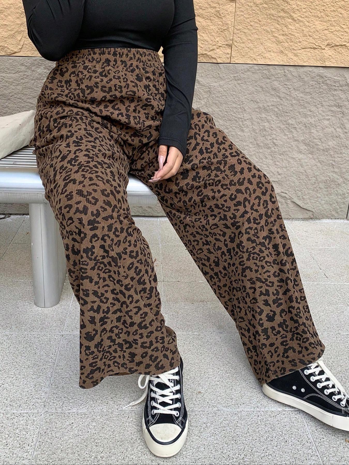Women's Casual Elastic Waisted Leopard Print Corduroy Loose Fit Pants Bottom, Womenswear, Comfortable and Stylish, Perfect for Daily Wear, Everyday, All Season, Back To School Clothes Fall, Trouser, Casual Fashion Bottoms