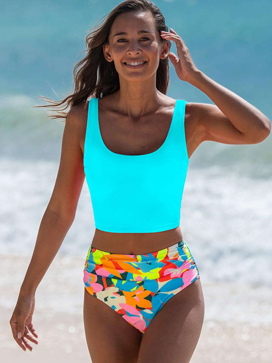 Popvil Back Tie Floral Watermelon Red Tankini Set,U Neck Solid Vest&Tummy Control High Waisted Bikini Bottoms for Women, Neon Bathing Suit,dealsforyoudays