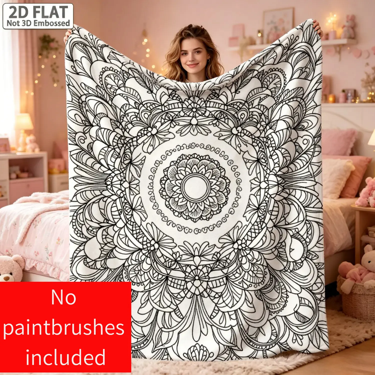 (No markers included)Black and White Mandala Line Art Flannel Throw Blanket - Bicolored Blankets, 2D Flat Single-Sided Print, Durable Wrinkle-Resistant, All Seasons Decor for Sofa Bed, Machine Washable, Gift for Mandala Art Lovers