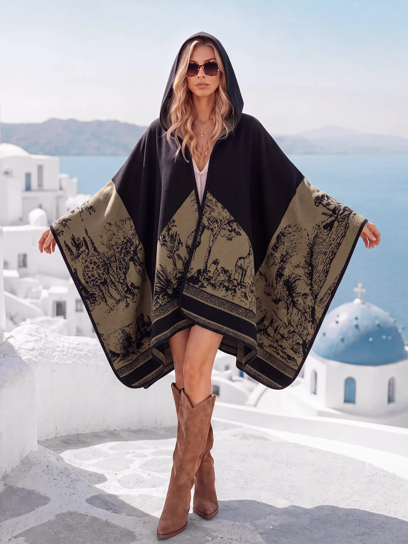 Women's Thick Hooded Cape Shawl, Elegant Loose-Fitting Striped Wrap Coat, Fall & Winter Warm Outerwear, Home Sofa Nap Windproof