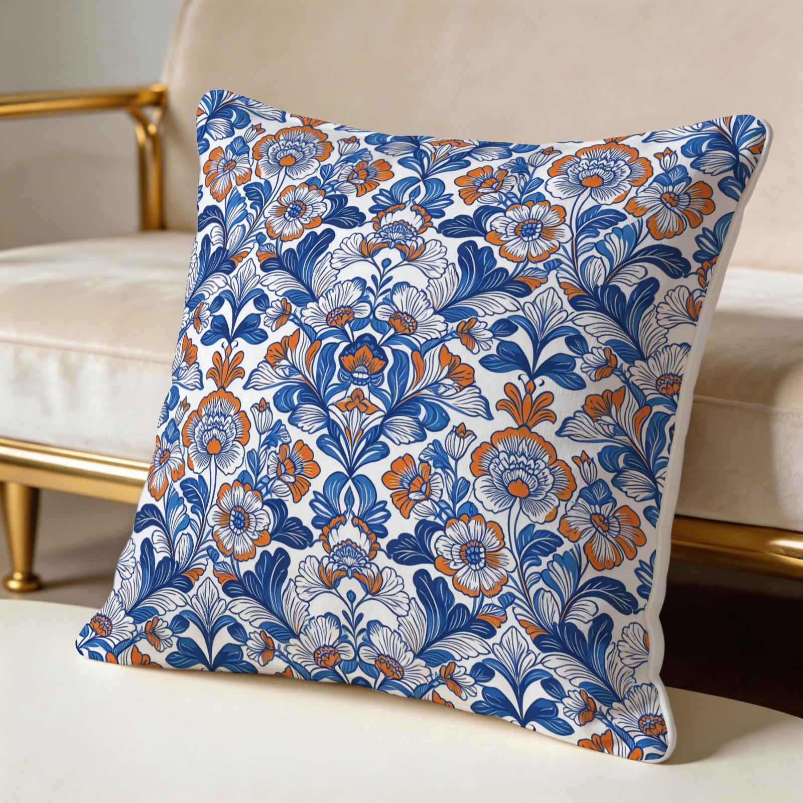 1 Piece Bohemian Blue Orange Floral Throw Pillow, HD Digital Printed Decorative Cushion, Aesthetic Boho Accent Pillow for Sofa, Couch, Bed and Living Room Home Decor