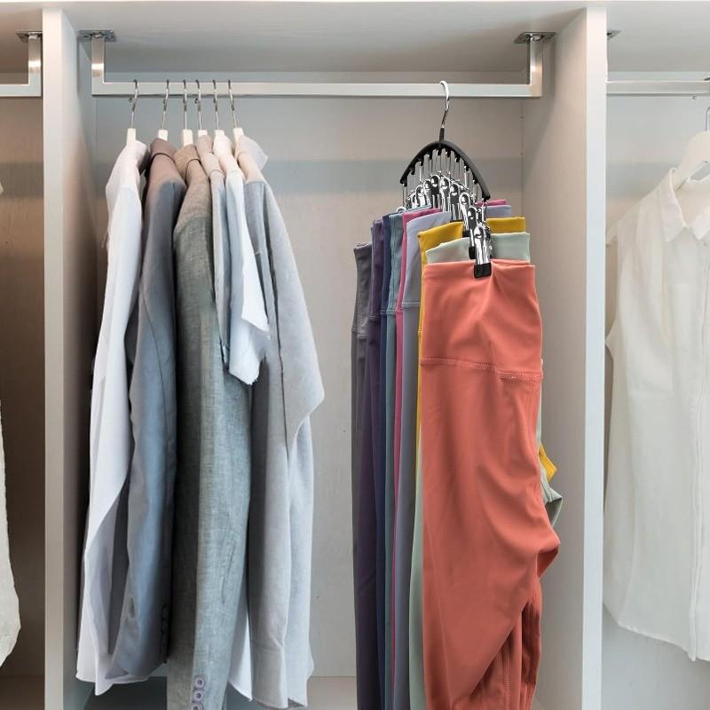 2-Pack: Curved Metal Yoga Pants Hangers With Clips, Curved Shape Hanger — Space-Saving Wardrobe Organizers, Featuring a Curved Design and Multi-Colored Stainless Steel Clips, These Hangers Are Windproof and Non-Slip — Each Pants Rack Includes 10 Clips