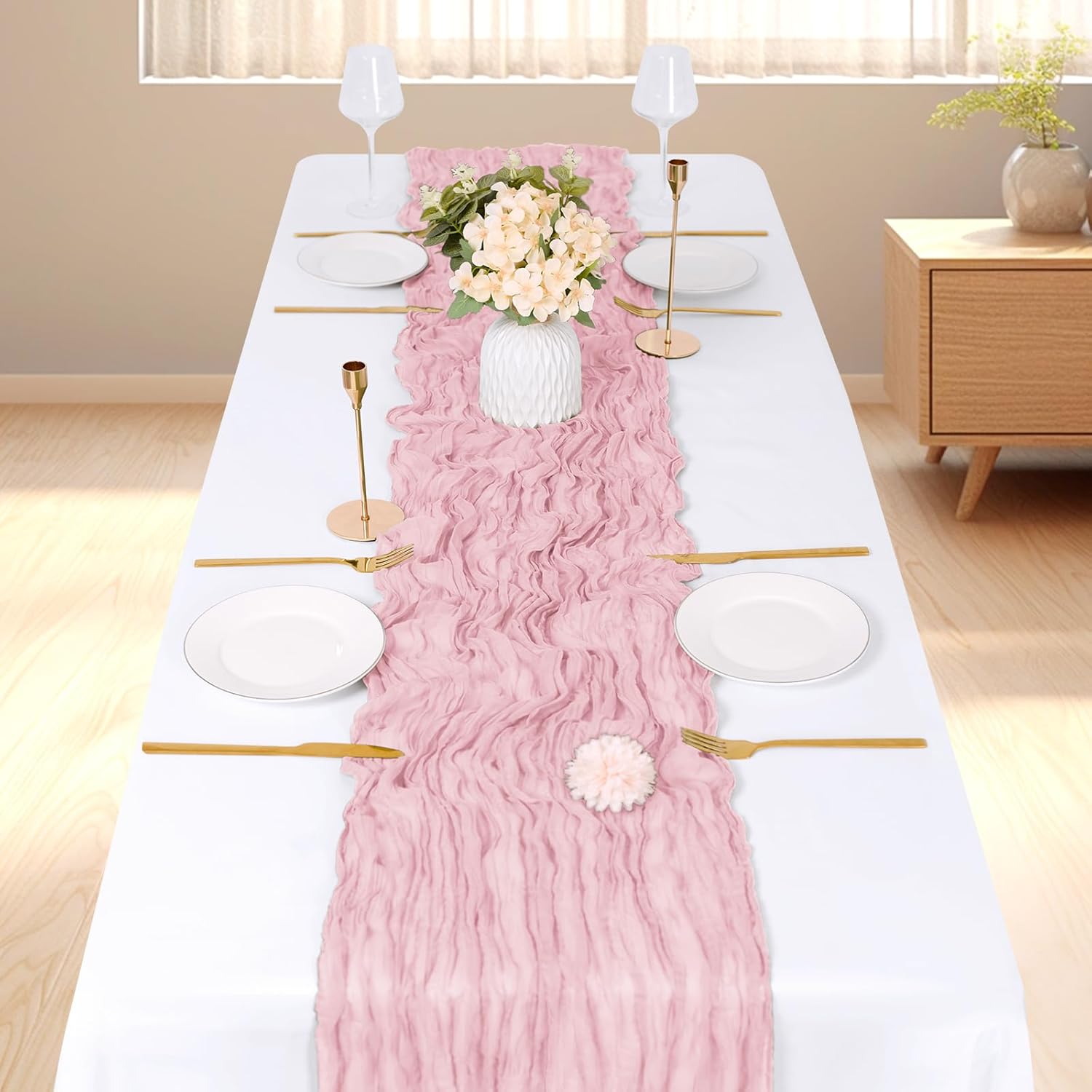 Crinkled Gauze Festive Table Runner, Semi-Sheer Boho Bali Voile Table Runner, Perfect for Wedding, Birthday, Party, Holiday and Home Decorations