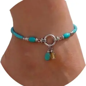 Turquoise Beaded Ankle Bracelets for Women Teen Girls, Trendy Boho Shell Anklet Adjustable Hawaiian Summer Beach Foot Jewelry