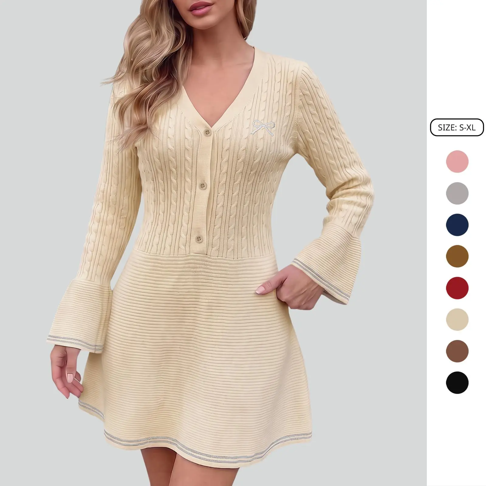 Imily Bela Women's Cute Bow Detail Knit Mini Dress V Neck Long Sleeve A Line Sweater Dress for Fall Winter