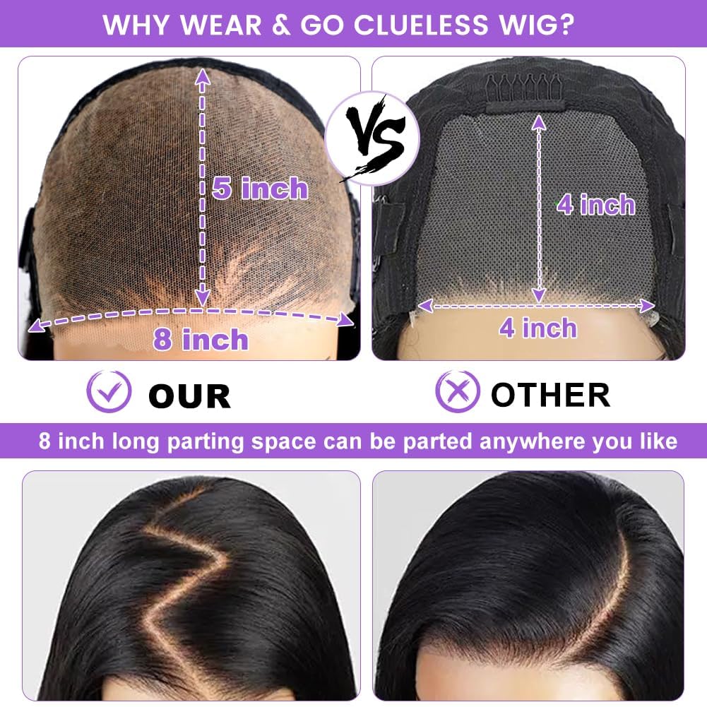 8x5 Wear and Go Glueless Wig for Beginner HD Lace Closure Wig Human Hair for Black Women Pre Plucked Pre Cut Lace Front Wigs Body Wave  200% Density Glueless Wigs Human Hair