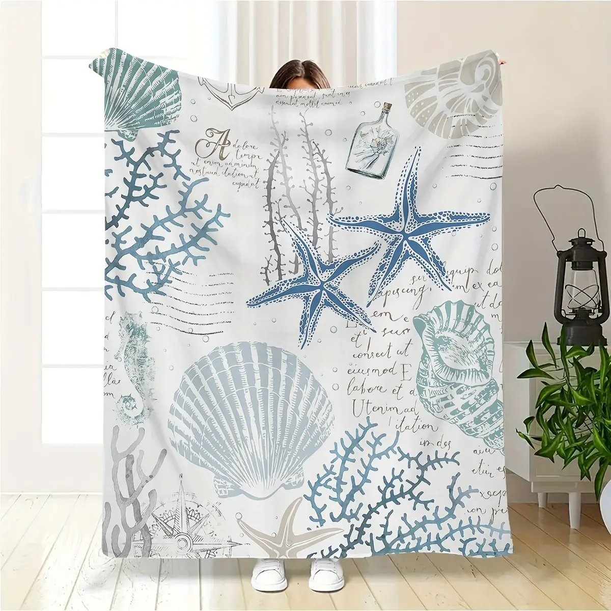 Vintage Nautical Seashell Starfish Blanket Retro Ocean Coral Script Flannel Throw Blanket Beach House Home Decor Gift