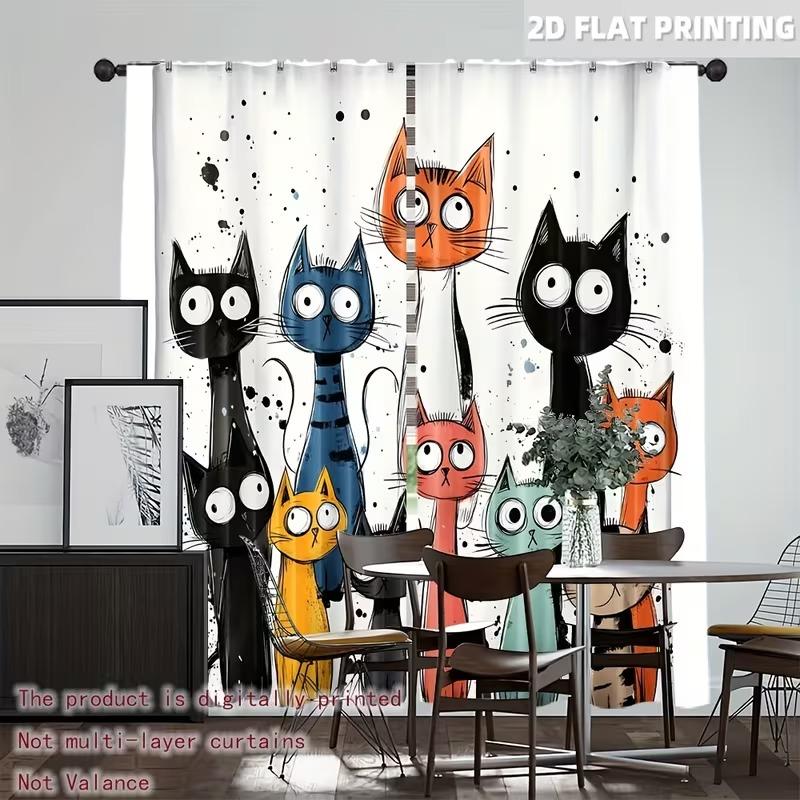Whimsycat Light Filtering Curtains Set, Durable Polyester Material, Colorful Cartoon Cat Design, Easy Pole Pocket Hanging, Ideal for Bedroom Office Kitchen Living Room Study